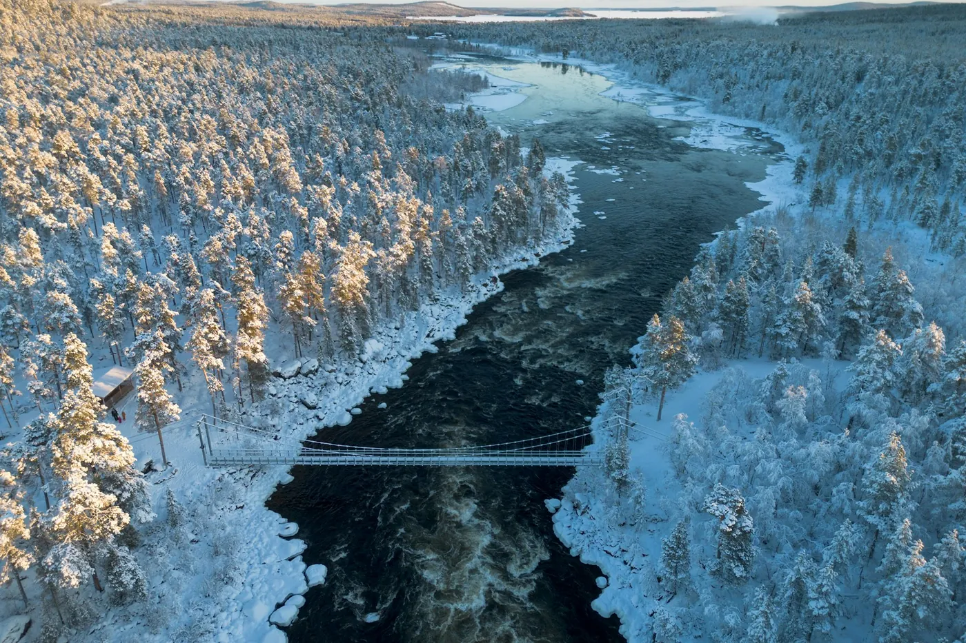 A dark river with open water running through snow-covered pine forest, crossed by a suspension footbridge